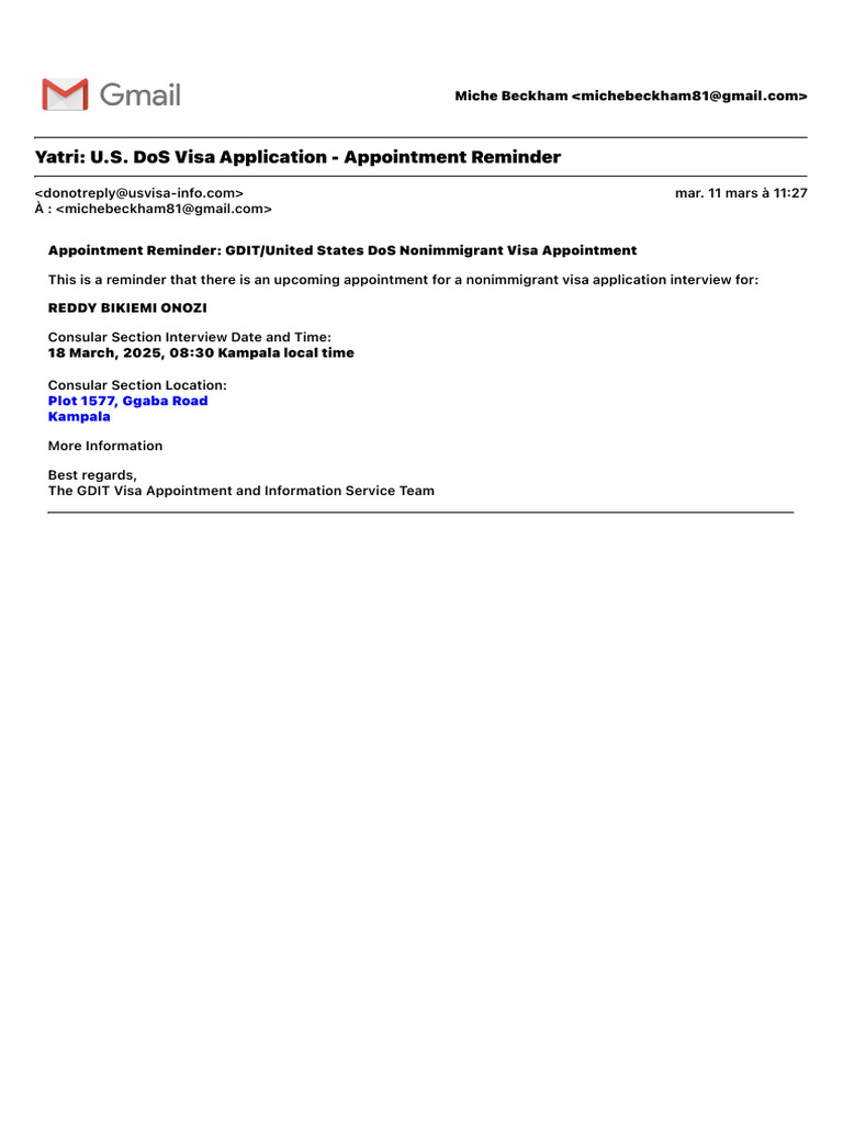 Yatri - U.S. DoS Visa Application - Appointment Reminder | PDF