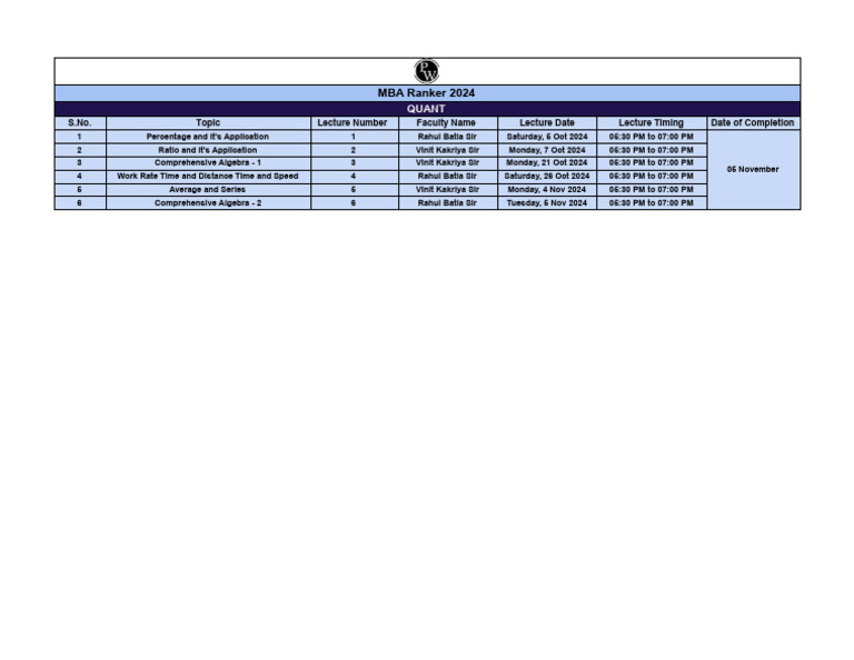 Quant Lecture Planner - PDF Only - MBA Ranker 2024 | PDF