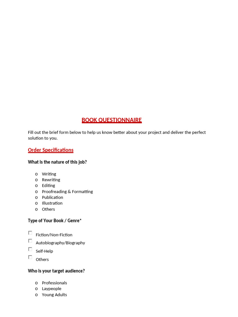 Book Project Questionnaire Form | PDF