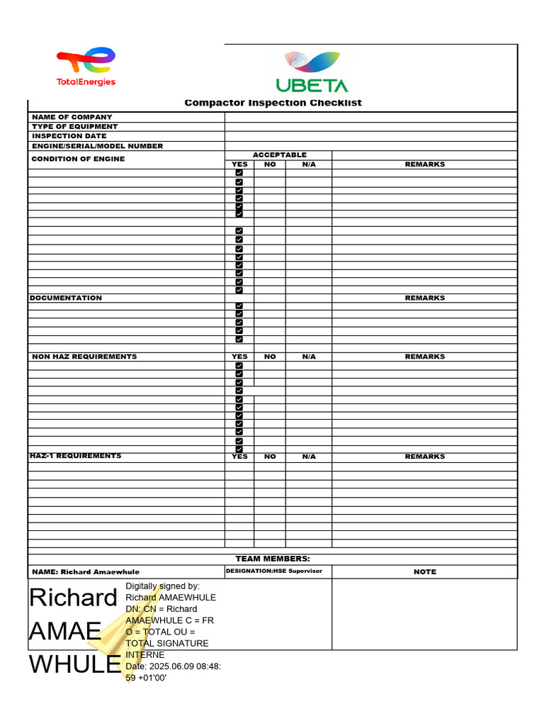 Roller Compactor Inspection Checklist | PDF | Valve | Vehicle Technology