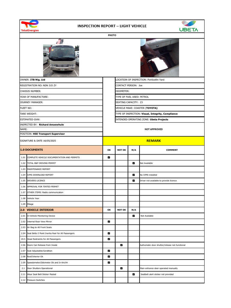 Vehicle Inspection Report Summary | PDF | Steering | Seat Belt