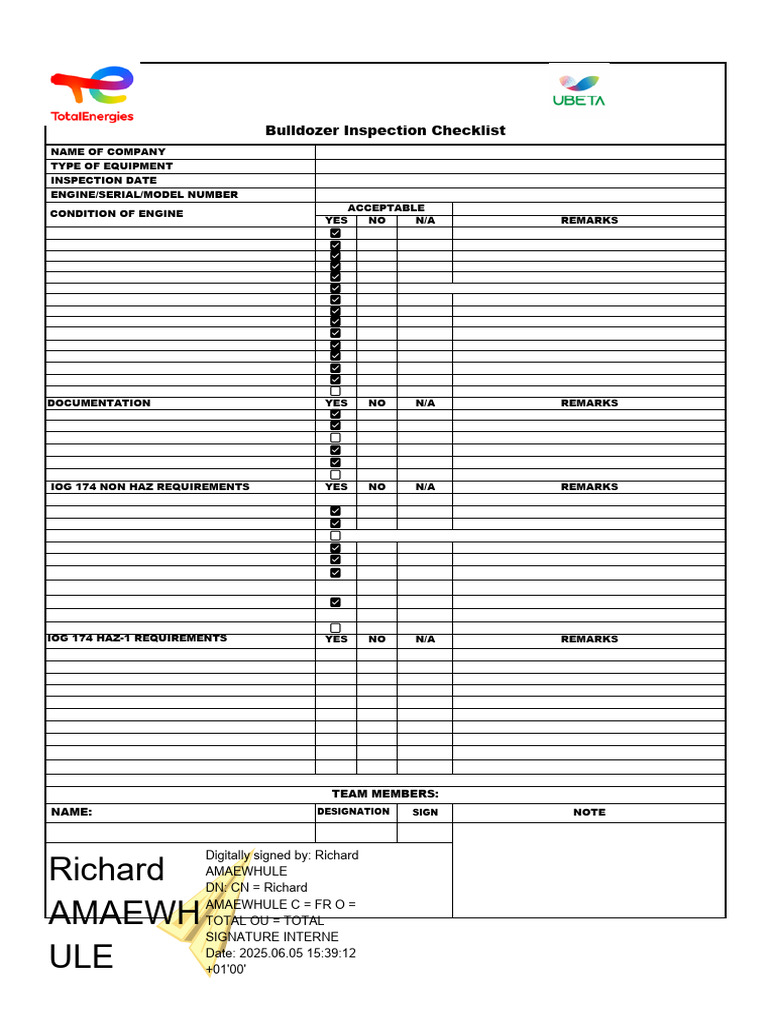 Bulldozer Inspection Checklist Template | PDF | Valve | Manufactured Goods