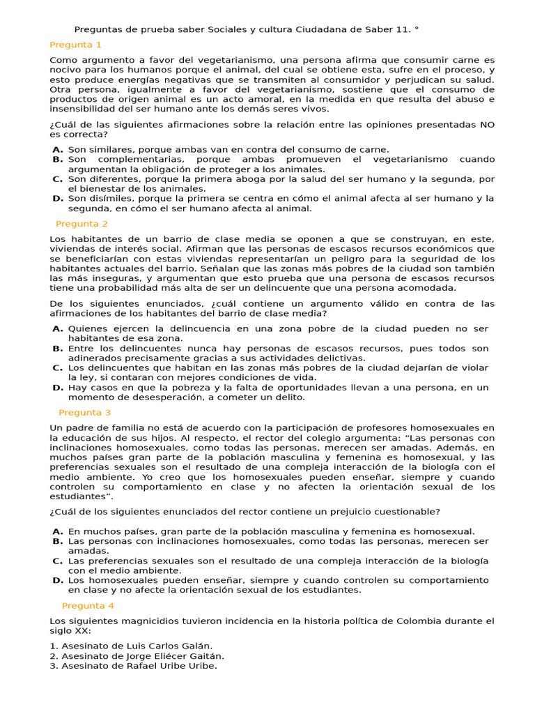 Preguntas de La Prueba Sociales y Ciudadanas de Saber 11 | PDF ...