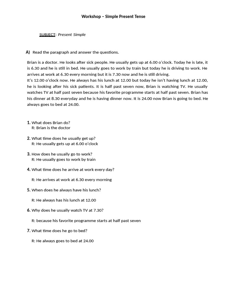 Workshop 2 - Simple Present | PDF | Question