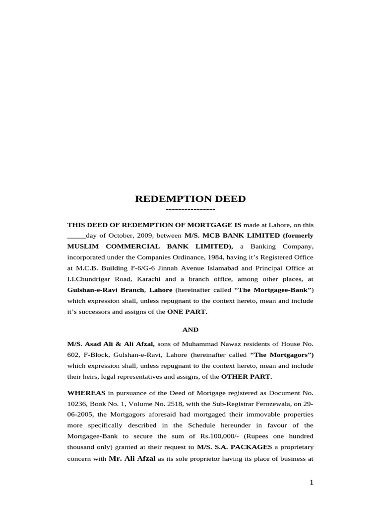 Asad Ali & Ali Afzal Vs MCB (Redemption Deed) 1st Case | PDF | Mortgage ...