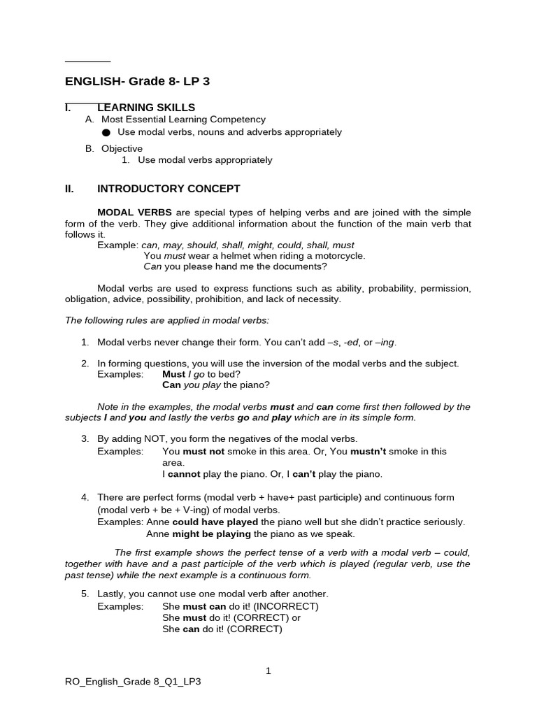 Mastering Modal Verbs for Grade 8 | PDF | Verb | Linguistics