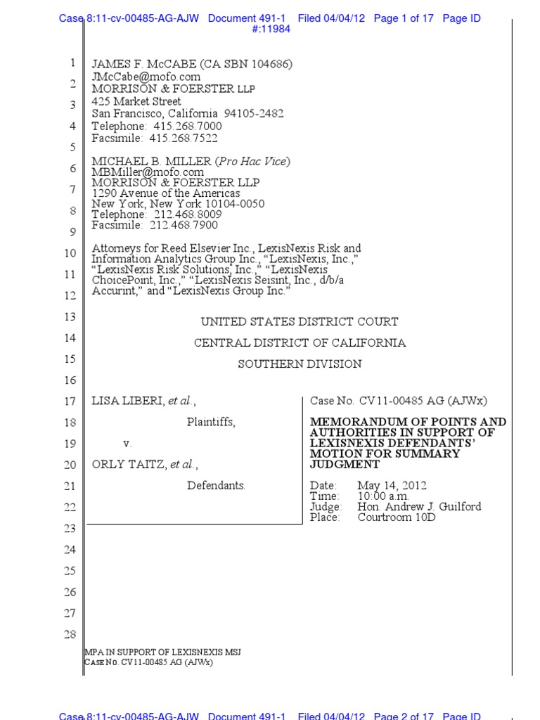 Memorandum of Points and Authorities in Support of LexisNexis