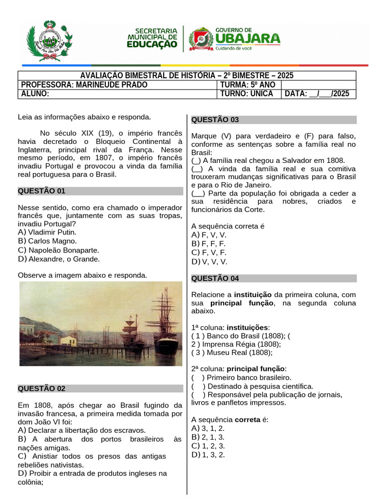 Avaliação de História 5º Ano 2025 | PDF | Escravidão | Brasil