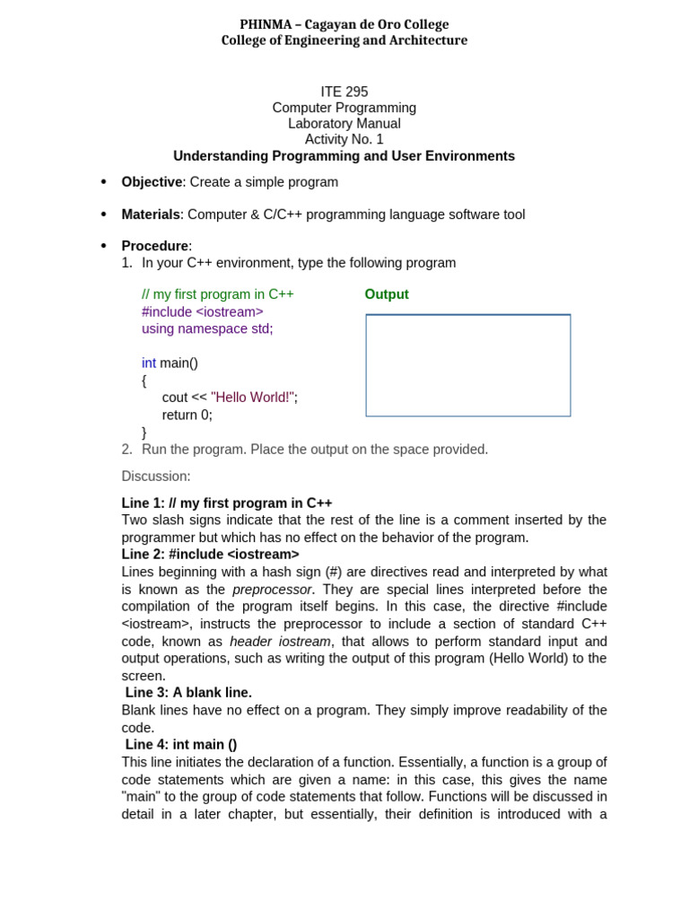 C++ Programming Lab Manual: Hello World | PDF | C++ | Computer Program