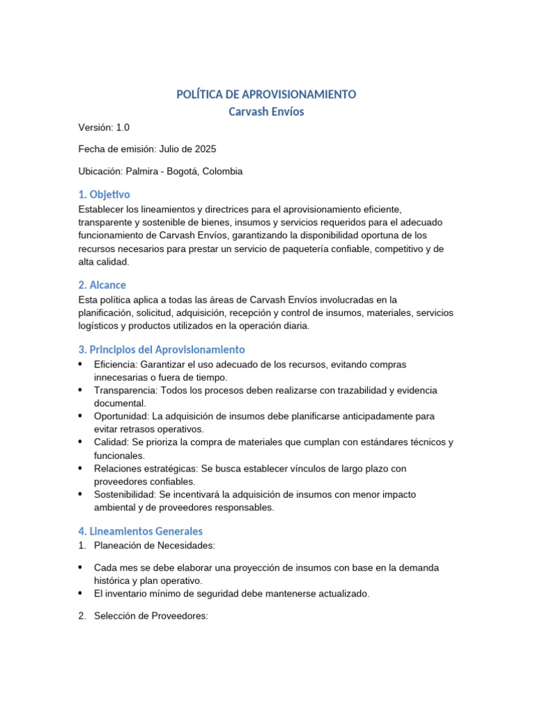 Política de Aprovisionamiento Carvash | PDF | Obtención | Calidad ...