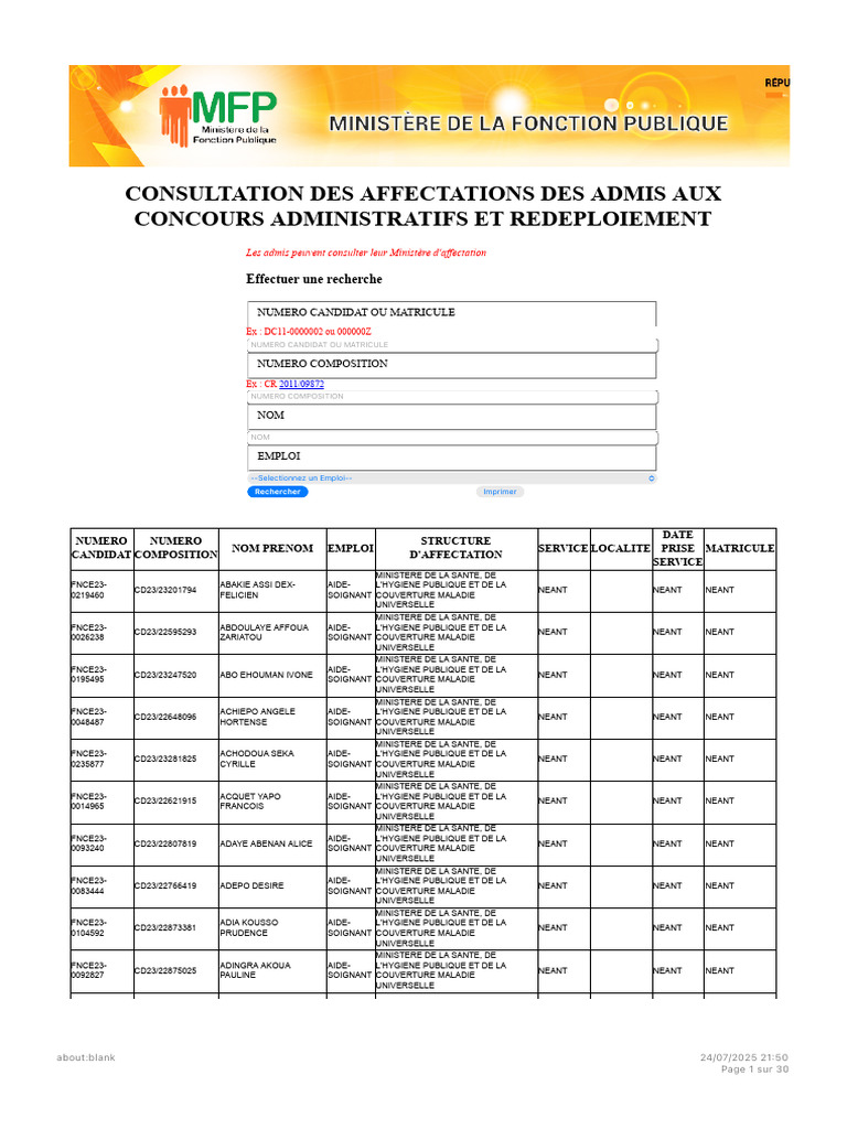 Affectations des admis aux concours | PDF