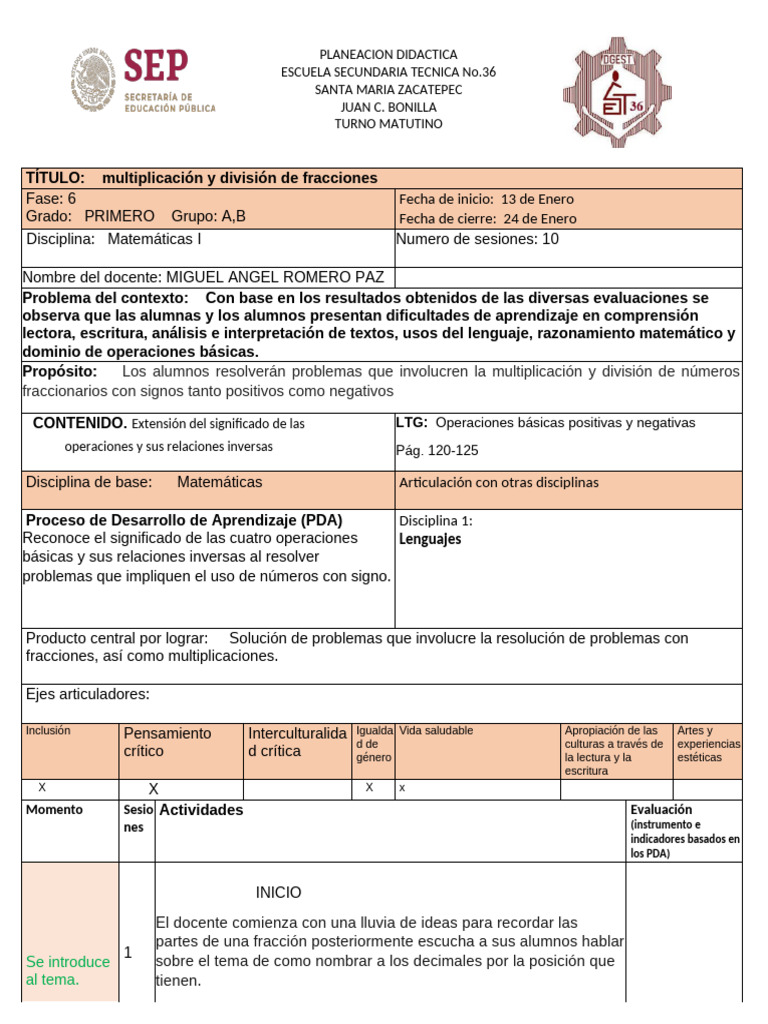 Planeación Matemáticas 1° Grado Secundaria | PDF | Multiplicación ...