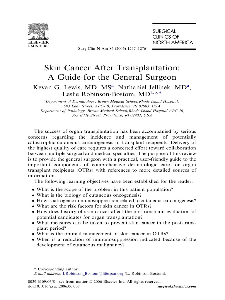 Skin Cancer After Transplantation: A Guide For The General Surgeon ...