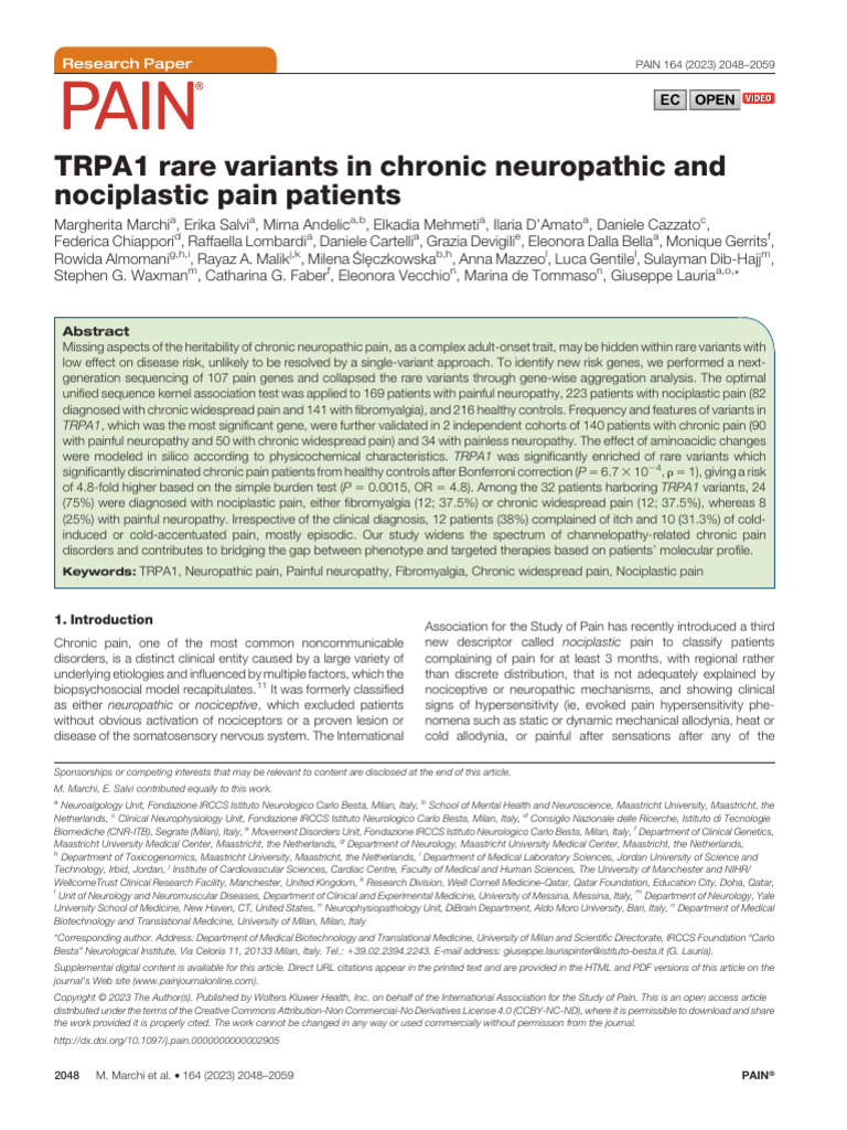 Trpa1 Rare Variants in Chronic Neuropathic And.18 | PDF | Pain ...