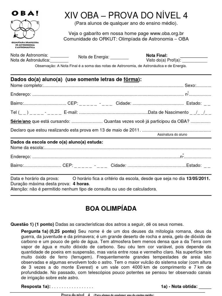 Prova OBA Nível 4 - 2011 | PDF | Pixel | Netuno