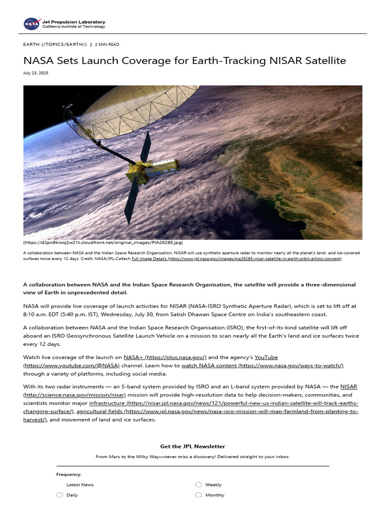 NASA Sets Launch Coverage For Earth-Tracking NISAR Satellite - NASA Jet ...