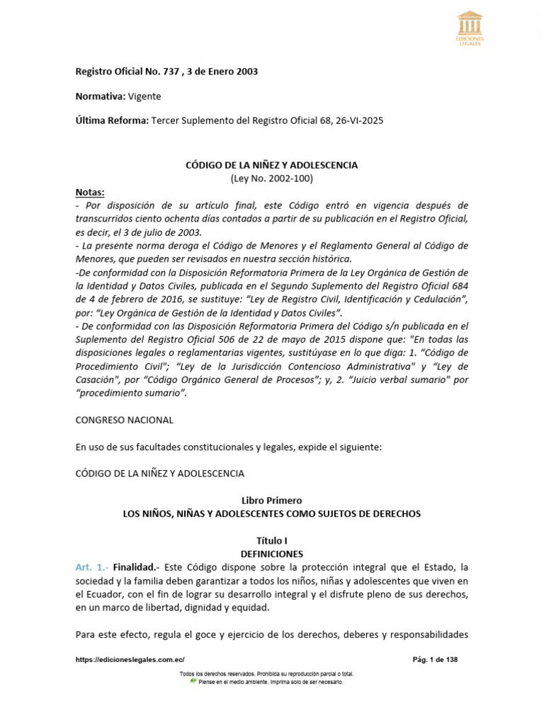 Código de la Niñez y Adolescencia en Ecuador | PDF | Derechos de los ...