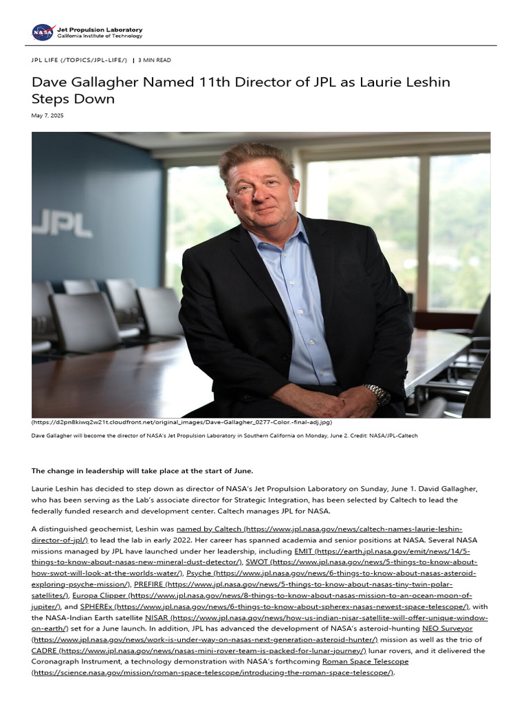 Dave Gallagher Named 11th Director of JPL As Laurie Leshin Steps Down ...