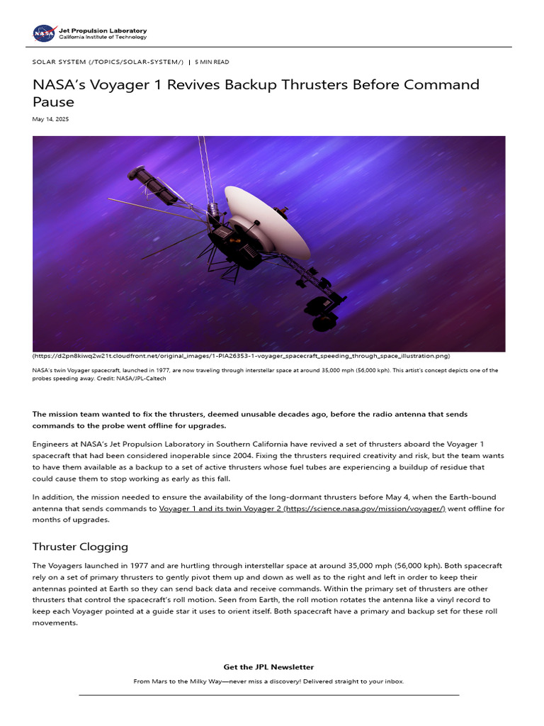 NASA's Voyager 1 Revives Backup Thrusters Before Command Pause - NASA ...