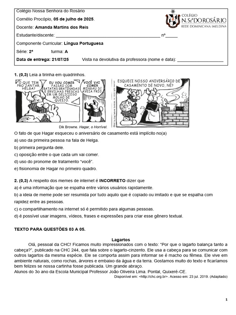 Atividades de Língua Portuguesa para 2ª Série | PDF | Assunto (gramática)