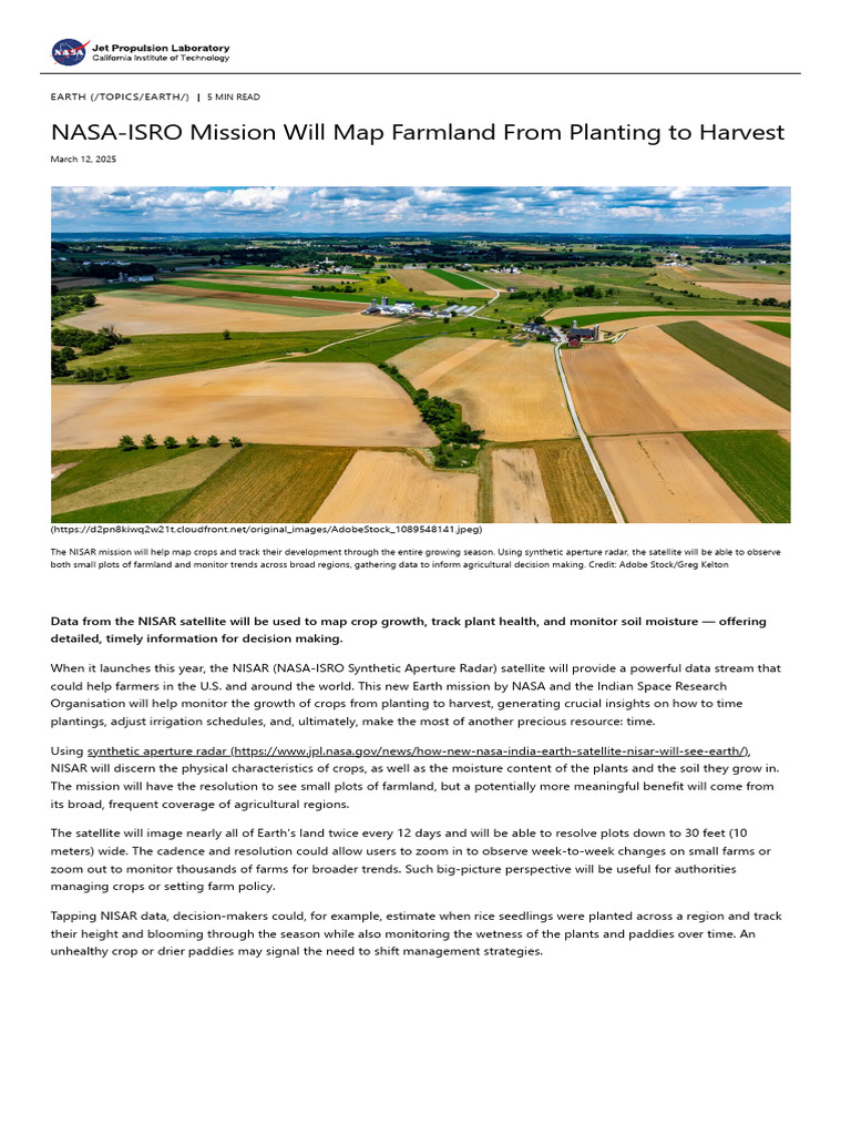 NASA-IsRO Mission Will Map Farmland From Planting To Harvest - NASA Jet ...