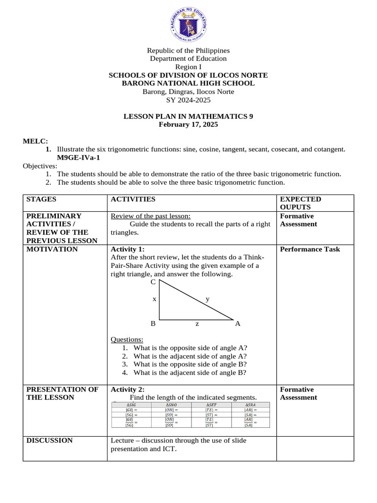 Mathematics 9 Trigonometry Lesson Plan | PDF | Trigonometric Functions ...