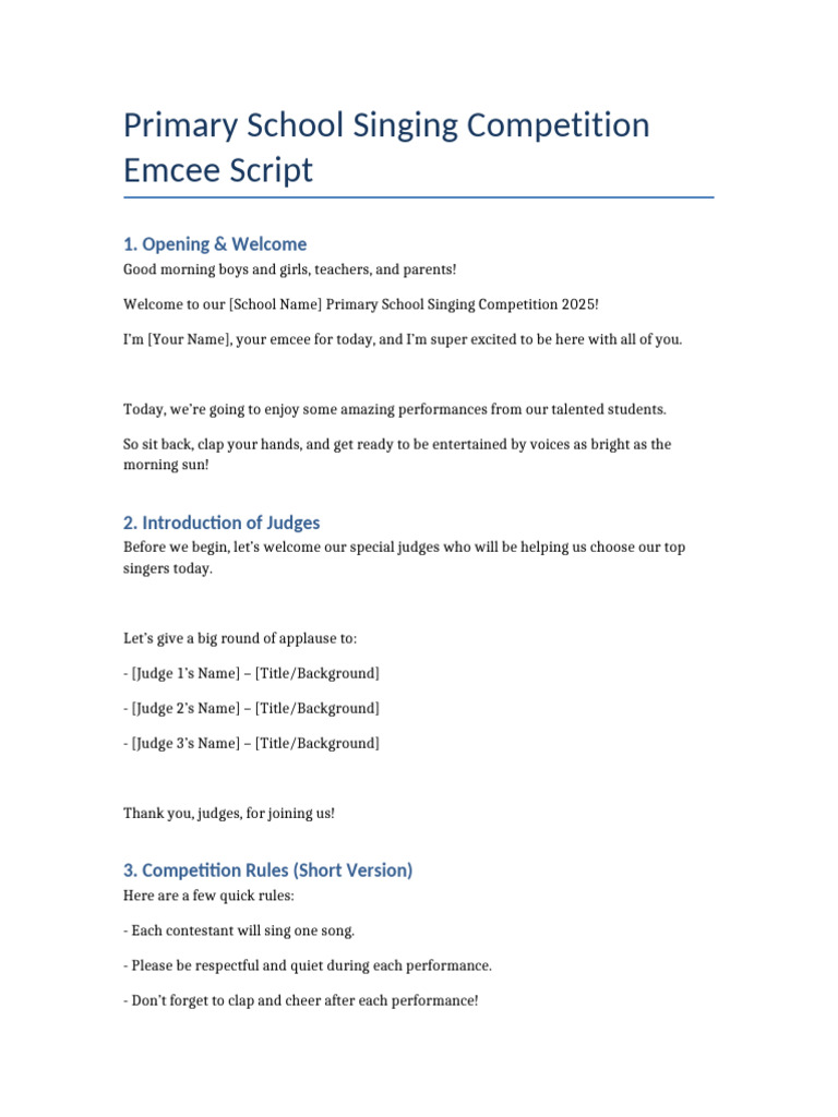 Primary School Singing Competition Script | PDF