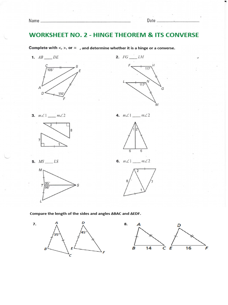 Hinge Theorem & Converse Worksheet | PDF