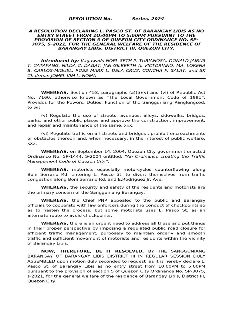 L. Pasco St. No Entry Resolution 2024 | PDF | Government | Justice