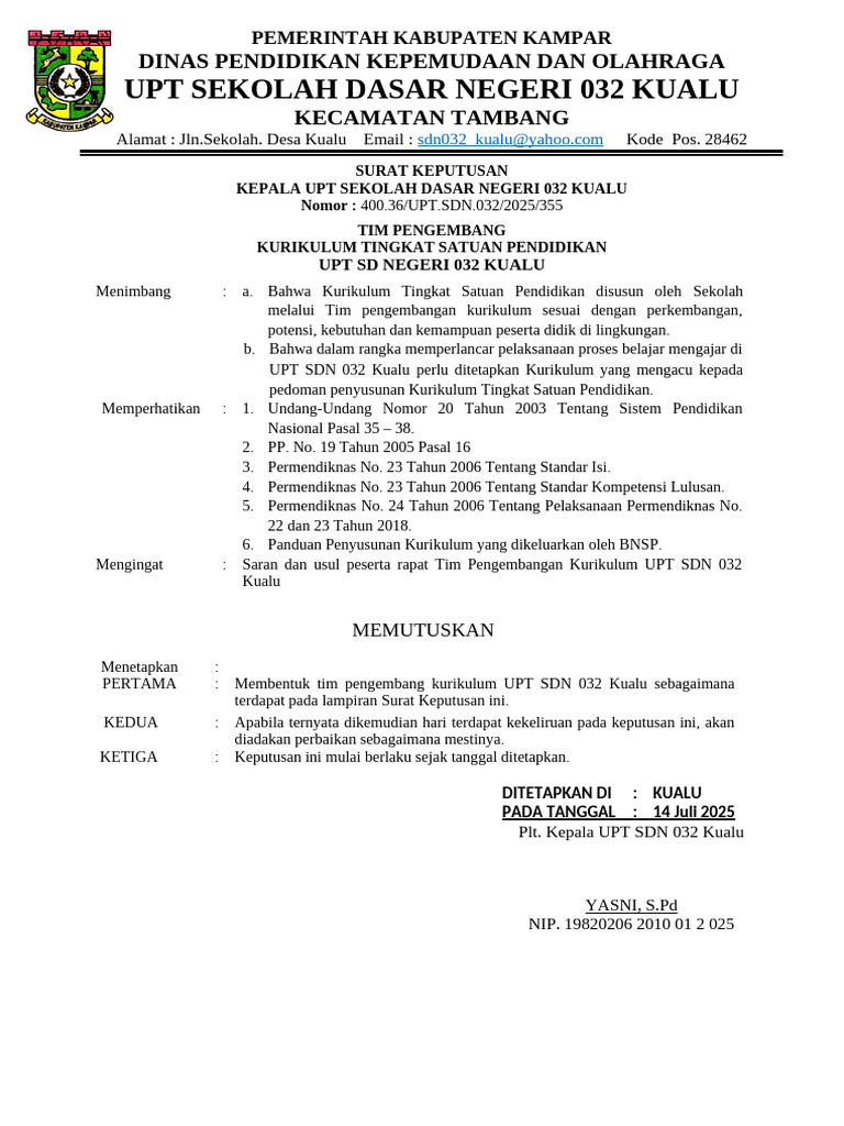 Tim Pengembang Kurikulum UPT SDN 032 | PDF