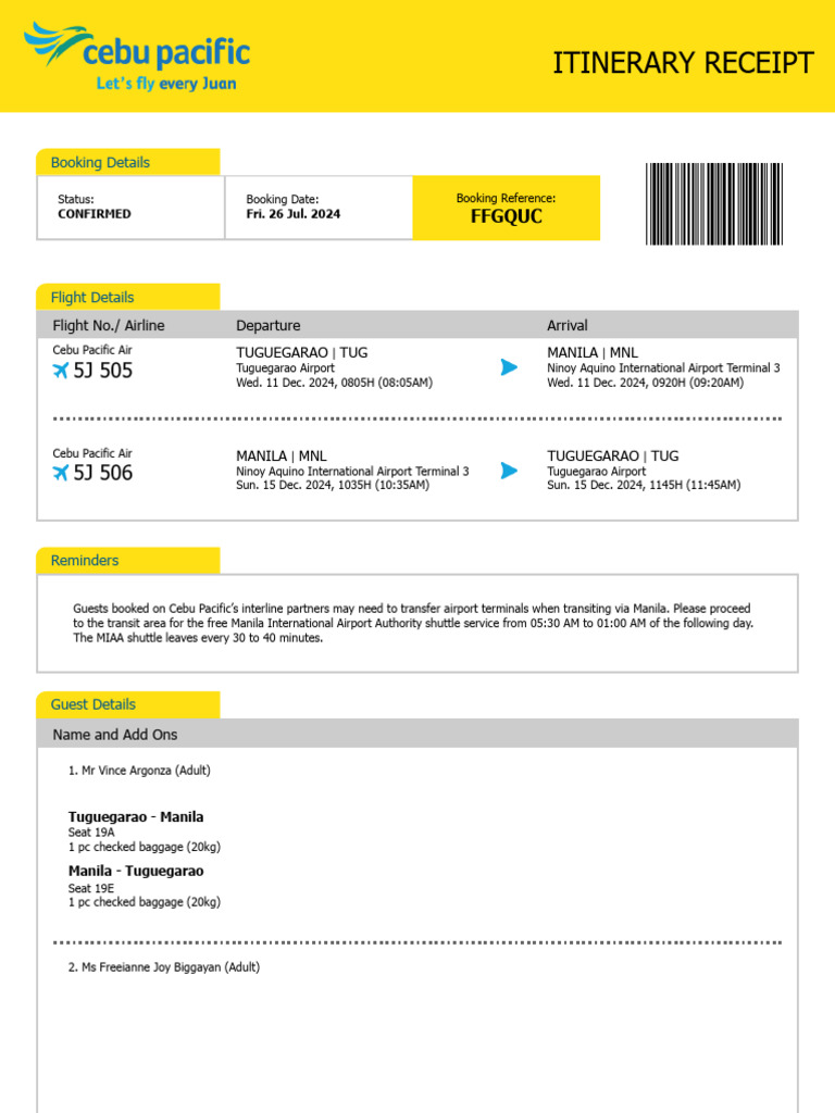 Cebu Pacific Itinerary and Booking Details | PDF | Aviation