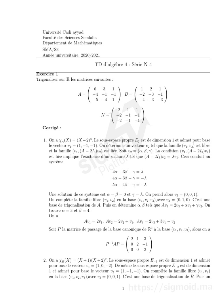 Exercice corrigé : Trigonalisation des matrices | PDF | Valeur propre ...
