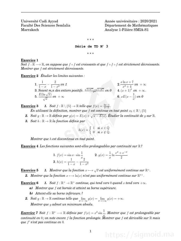 TD Mathématiques : Analyse 1 S1 2020-2021 | PDF | Limite (mathématiques ...