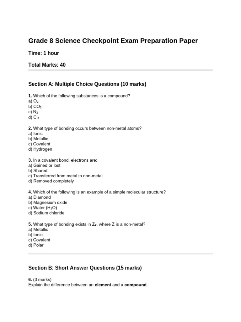 Grade 8 Science Exam Prep Guide | PDF | Chemical Compounds | Chemical Bond