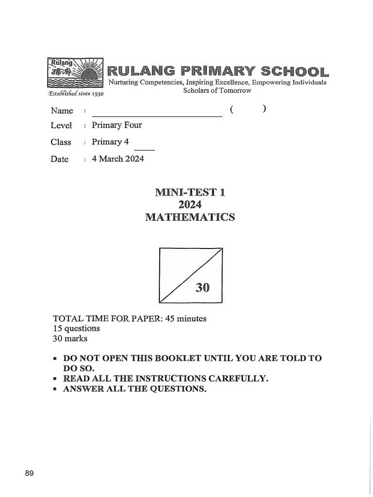 Primary 4 Math Mini-Test 2024 | PDF