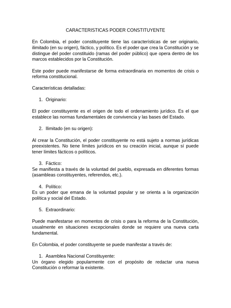 Características del Poder Constituyente en Colombia | PDF