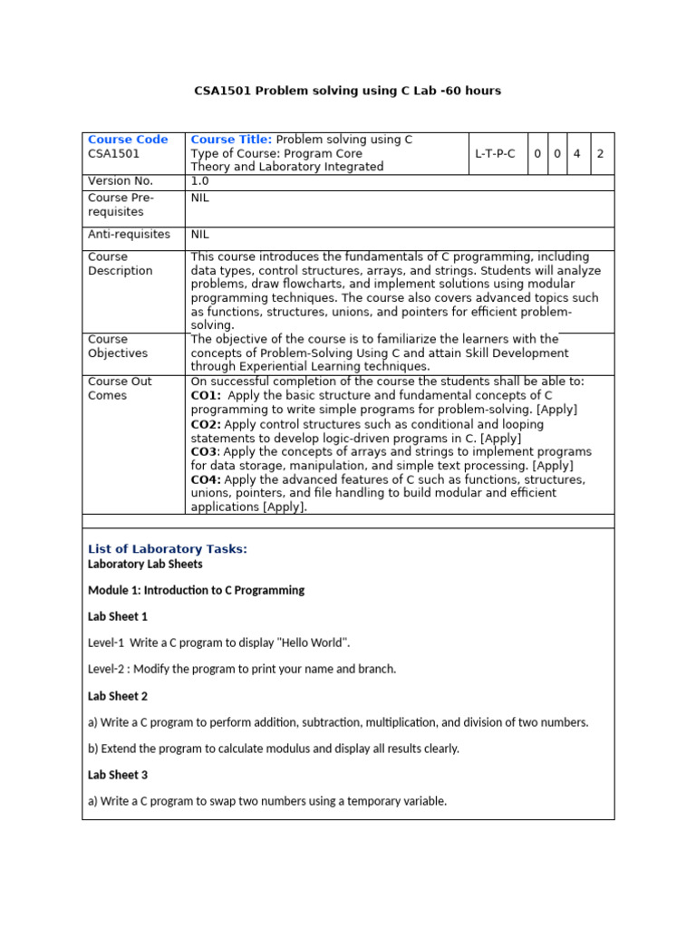 CSA1501 Problem Solving Using C Lab COURSE CETALOG | PDF | Pointer ...
