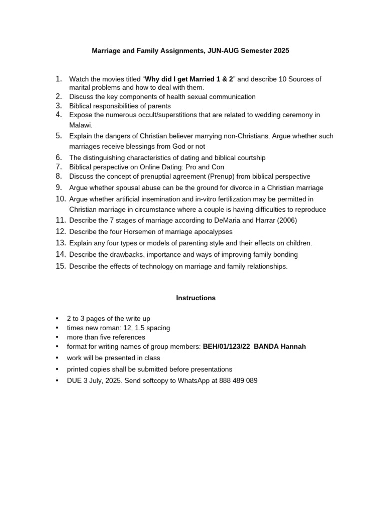 Marriage and Family Studies Assignments 2025 | PDF