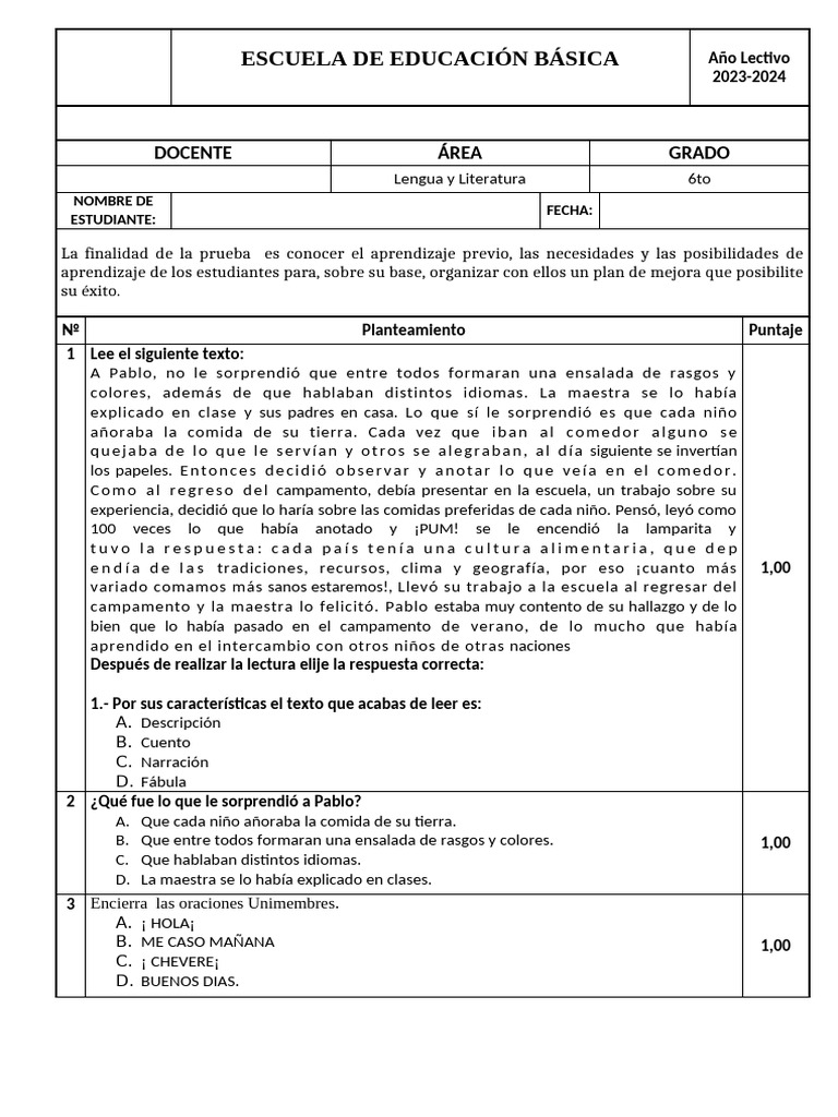 Evaluación de Aprendizaje 6to Grado 2023-2024 | PDF | Educación primaria