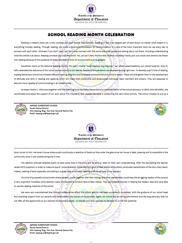 Aspang Elementary School Reading Month | PDF | Cognition | Human ...