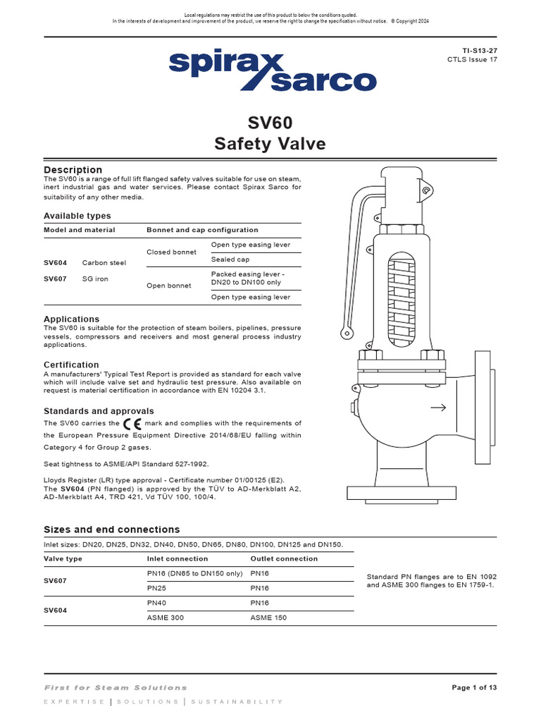SV60 Flanged Safety Valve Specifications | PDF | Valve | Steel
