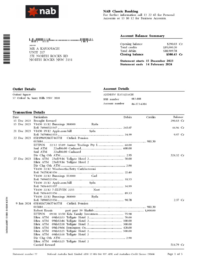 NAB Statement X6304 14-Feb-2024 | PDF | Debit Card | Debits And Credits
