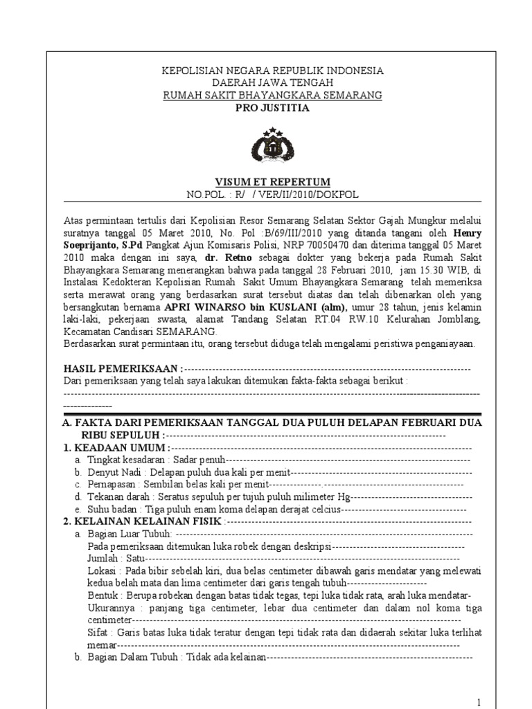 Contoh Surat Visum Et Repertum