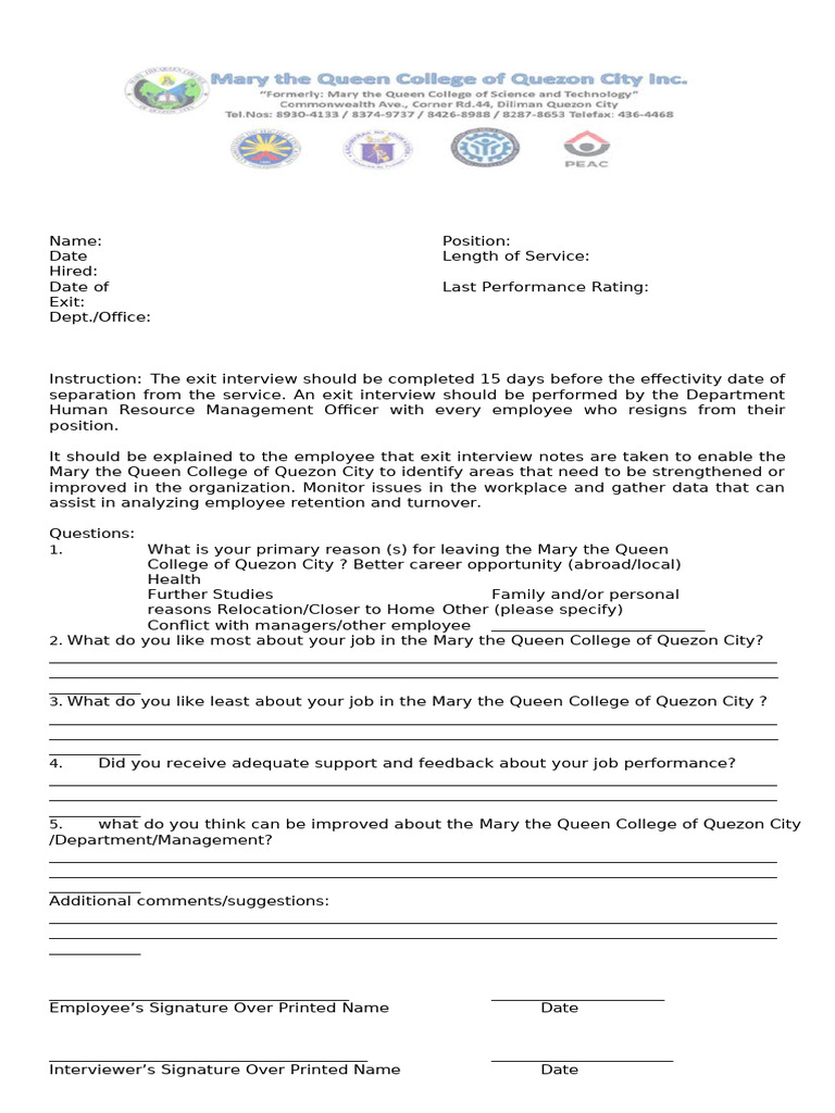 Interview Exit Form MQCQC | PDF