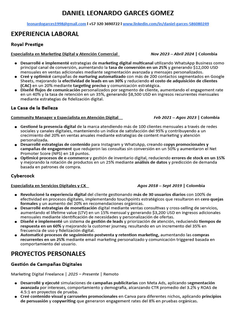 CV Marketing Digital, Daniel Garces | PDF | Publicidad digital | Marketing