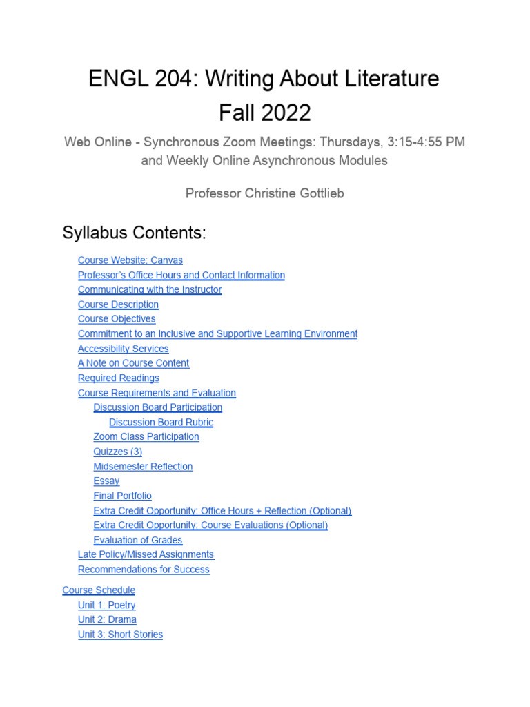 ENGL 204 Syllabus Overview | PDF | Course Evaluation | Title Ix