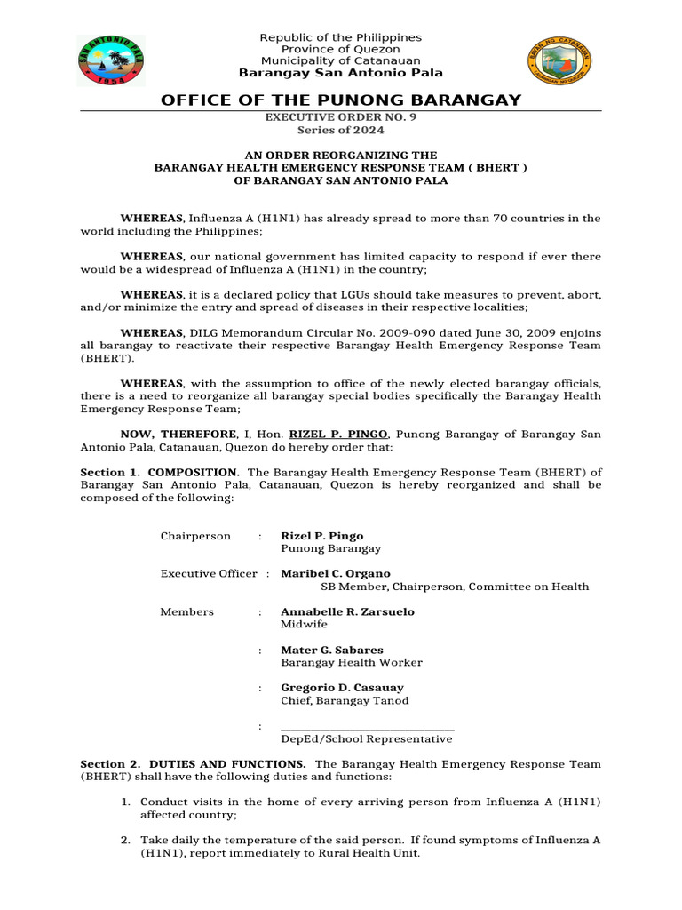 Reorganization of BHERT in San Antonio Pala | PDF | Influenza | Public ...