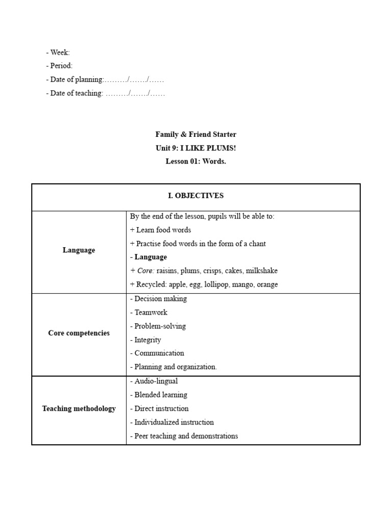 Food Vocabulary Lesson Plan | PDF | Communication | Phonics