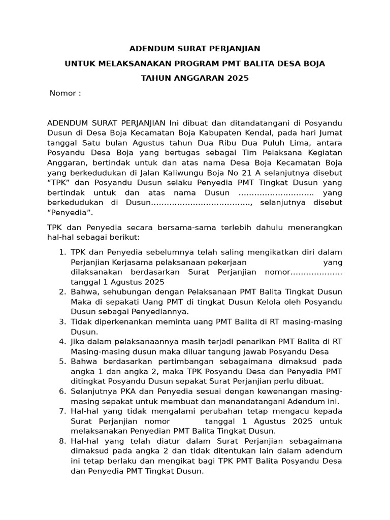 Adendum Perjanjian PMT Balita Boja 2025 | PDF
