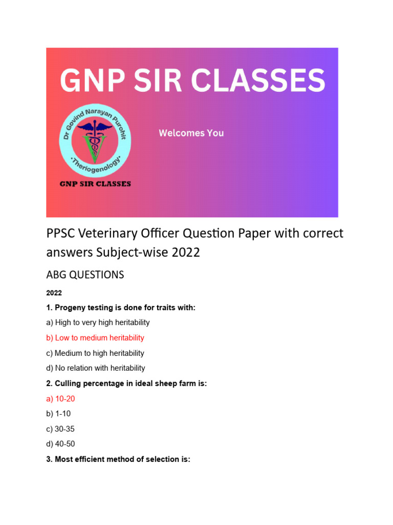 PPSC Veterinary Officer Exam 2022 Questions | PDF | Wool | Livestock